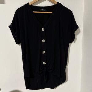 Eclipse Short Sleeve V Neck Tee with Tie Front Button Up Detail Medium Black
